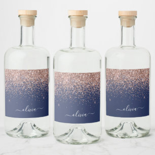 Navy Blue Rose Gold Blush Pink Glitzer Monogram Alkoholflaschenetikett