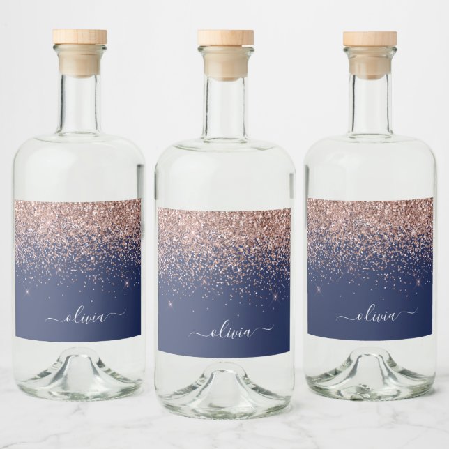 Navy Blue Rose Gold Blush Pink Glitzer Monogram Alkoholflaschenetikett (Flaschen)