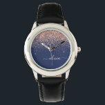 Navy Blue Rose Gold Blush Pink Glitzer Monogram Armbanduhr<br><div class="desc">Navy Blue und Rose Gold - Blush Pink Sparkle Glitzer Script Monogram Name Watch. Das macht den perfekten 16 Geburtstag,  Hochzeit,  Brautparty,  Jubiläum,  Babydusche oder Junggeselinnen-Abschied Geschenk für jemanden,  der Lieben glamourösen Luxus und schicke Stile.</div>