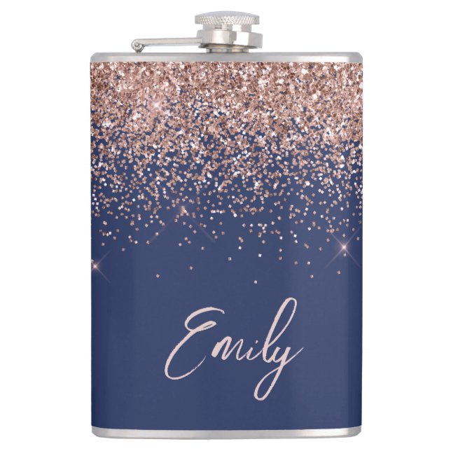 Navy Blue Rose Gold Blush Pink Glitzer Monogram Flachmann (Vorderseite)
