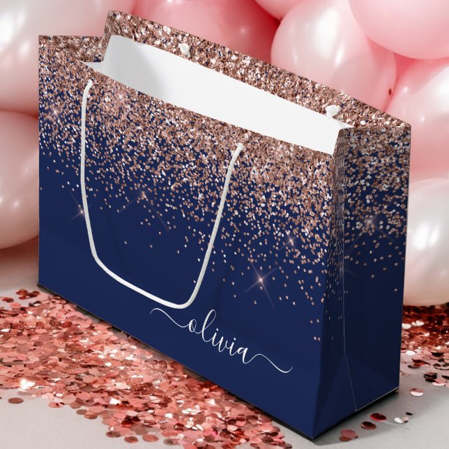Navy Blue Rose Gold Blush Pink Glitzer Monogram Große Geschenktüte (Von Creator hochgeladen)