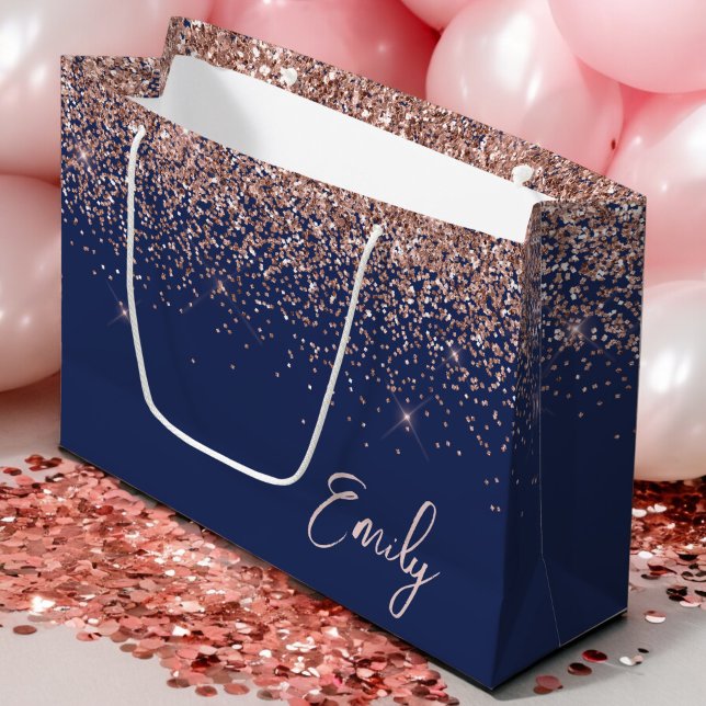 Navy Blue Rose Gold Blush Pink Glitzer Monogram Große Geschenktüte (Von Creator hochgeladen)