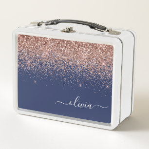 Navy Blue Rose Gold Blush Pink Glitzer Monogram Metall Brotdose