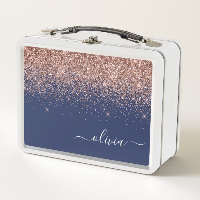 Navy Blue Rose Gold Blush Pink Glitzer Monogram Metall Brotdose (Vorderseite)