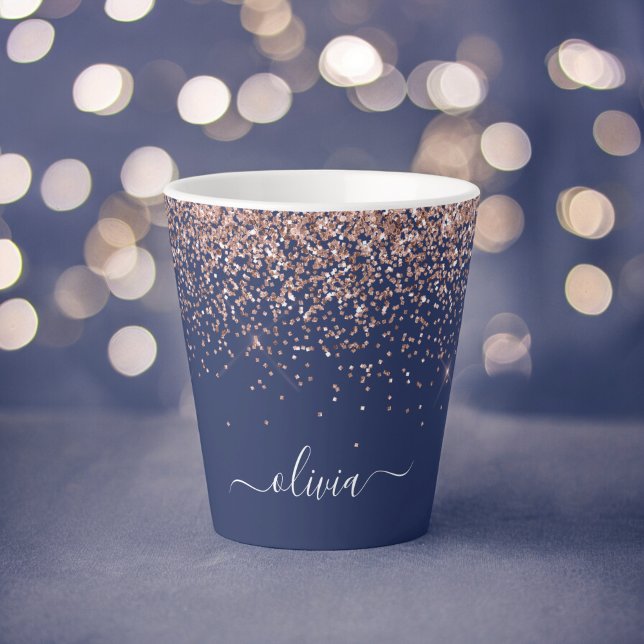 Navy Blue Rose Gold Blush Pink Glitzer Monogram Milchtasse (Von Creator hochgeladen)