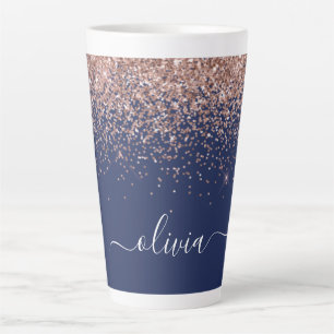 Navy Blue Rose Gold Blush Pink Glitzer Monogram Milchtasse