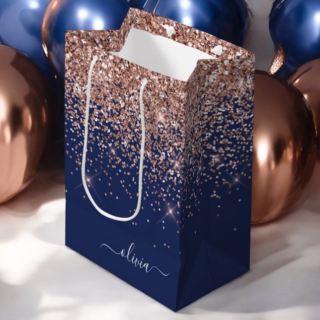 Navy Blue Rose Gold Blush Pink Glitzer Monogram Mittlere Geschenktüte (Von Creator hochgeladen)