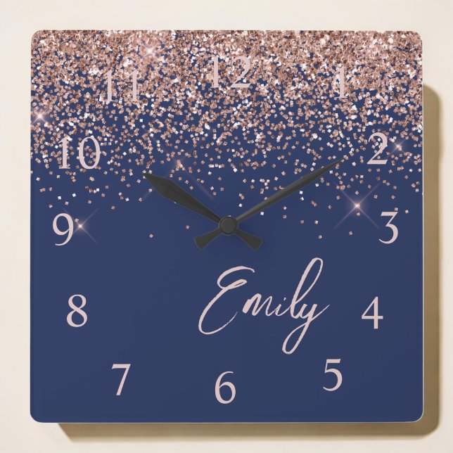 Navy Blue Rose Gold Blush Pink Glitzer Monogram Quadratische Wanduhr (Von Creator hochgeladen)