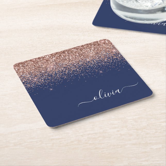 Navy Blue Rose Gold Blush Pink Glitzer Monogram Rechteckiger Pappuntersetzer (angewinkelt)
