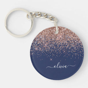 Navy Blue Rose Gold Blush Pink Glitzer Monogram Schlüsselanhänger