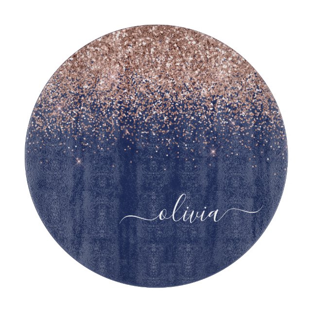 Navy Blue Rose Gold Blush Pink Glitzer Monogram Schneidebrett (Vorderseite)