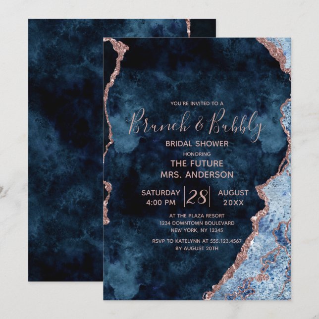 Navy Blue Rose Gold Brunch & Bubbly Brautparty Einladung (Vorne/Hinten)