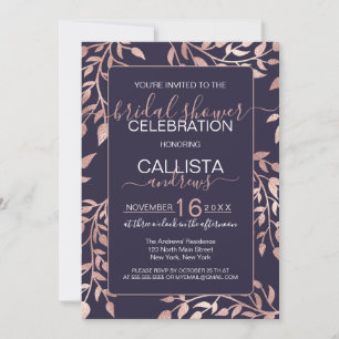 Navy Blue Rose Gold Floral Blätter Brautparty Einladung