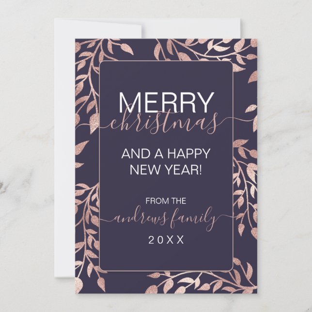 Navy Blue Rose Gold Floral Blätter Weihnachten (Vorderseite)