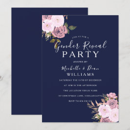 Navy Blue & Rose Gold Floral Gender Reveal Party Einladung