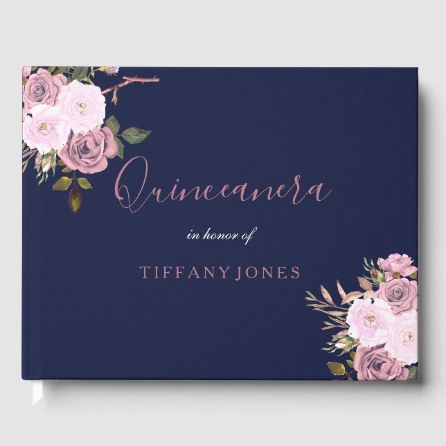 Navy Blue & Rose Gold Floral Quinceanera Gästebuch (Vorderseite)