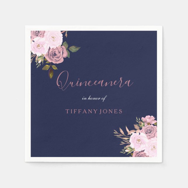 Navy Blue & Rose Gold Floral Quinceanera Party Serviette (Vorderseite)