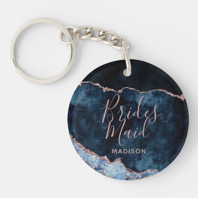 Navy Blue & Rose Gold Foil Agate Marble Bridesmaid Schlüsselanhänger (Vorderseite)