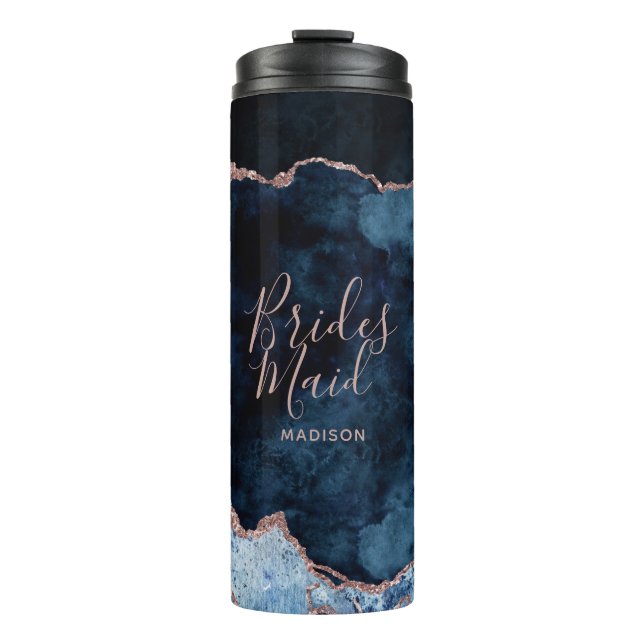 Navy Blue & Rose Gold Foil Agate Marble Bridesmaid Thermosbecher (Vorderseite)