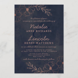 Navy Blue & Rose Gold Foil Blume Gerahmte Hochzeit Einladung