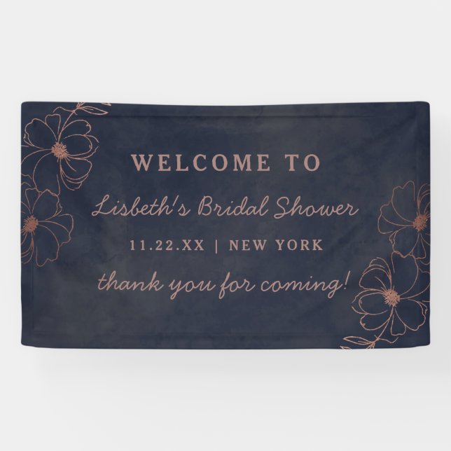 Navy Blue & Rose Gold Foil Brautparty Willkommen Banner (Horizontal)