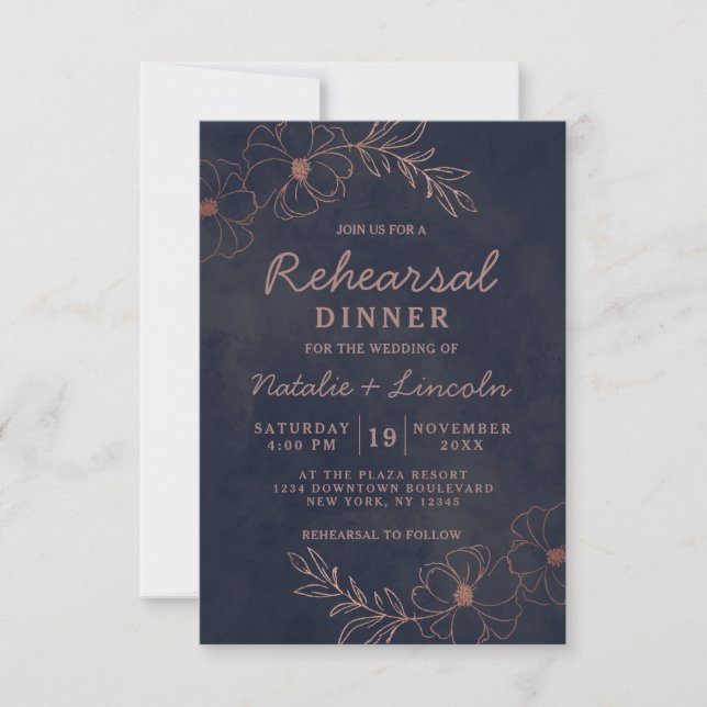 Navy Blue & Rose Gold Foil Chic Probe Dinner Einladung (Vorderseite)