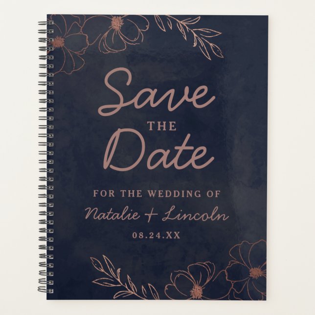 Navy Blue & Rose Gold Foil Save the Date Hochzeit Planer (Vorderseite)