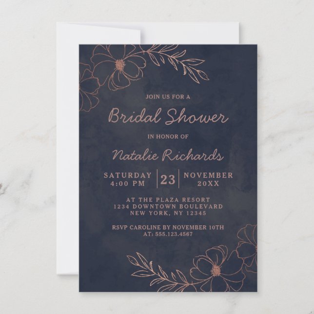 Navy Blue & Rose Gold Foil Wedding Brautparty Einladung (Vorderseite)