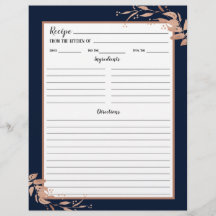 Navy Blue Rose Gold Foliage Recipi Binder Page