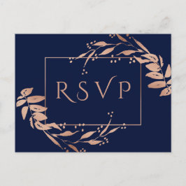 Navy Blue Rose Gold Foliage Wedding RSVP Postcard Postkarte