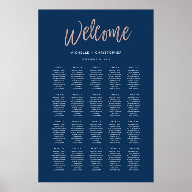 Navy Blue & Rose Gold Glam Chic Seating Chart Poster (Vorne)