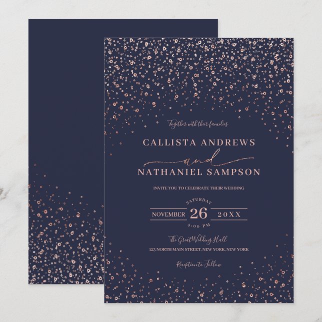 Navy Blue Rose Gold Glitzer Confetti Wedding Einladung (Vorne/Hinten)
