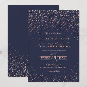 Navy Blue Rose Gold Glitzer Confetti Wedding Einladung
