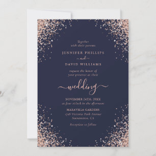 Navy Blue Rose Gold Glitzer Confetti Wedding Einladung