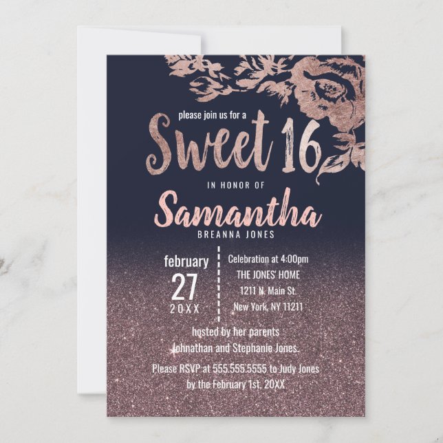 Navy Blue Rose Gold Glitzer Floral Sweet 16 Einladung (Vorderseite)