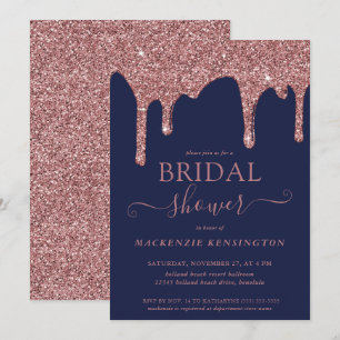 Navy Blue Rose Gold Glitzer Tropfen Brautparty Einladung