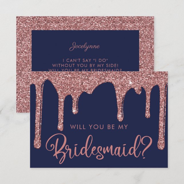 Navy Blue Rose Gold Glitzer Tropfen Bridesmaid Einladung (Vorne/Hinten)