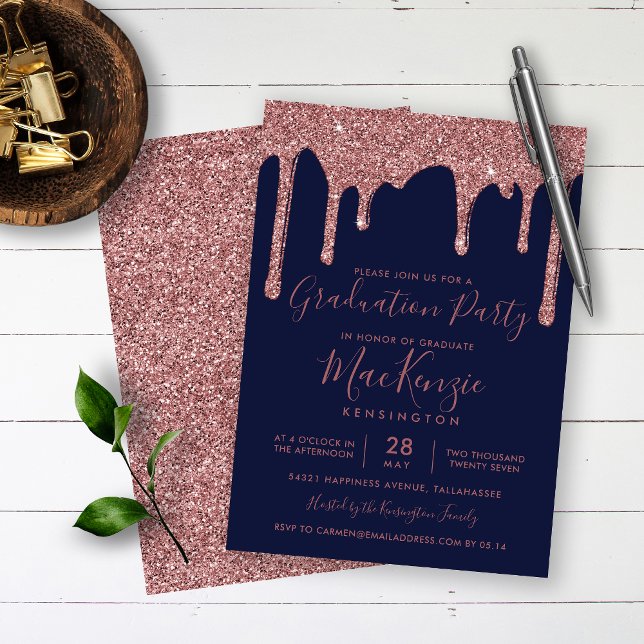 Navy Blue Rose Gold Glitzer Tropfen Graduation Par Einladung (Von Creator hochgeladen)