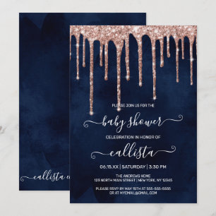 Navy Blue Rose Gold Glitzer Tropfen Kinderdusche Einladung