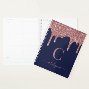 Navy Blue Rose Gold Glitzer Tropfen Luxus Monogram Planer
