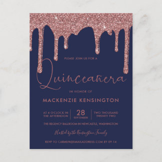 Navy Blue Rose Gold Glitzer Tropfen Quinceañera Postkarte
