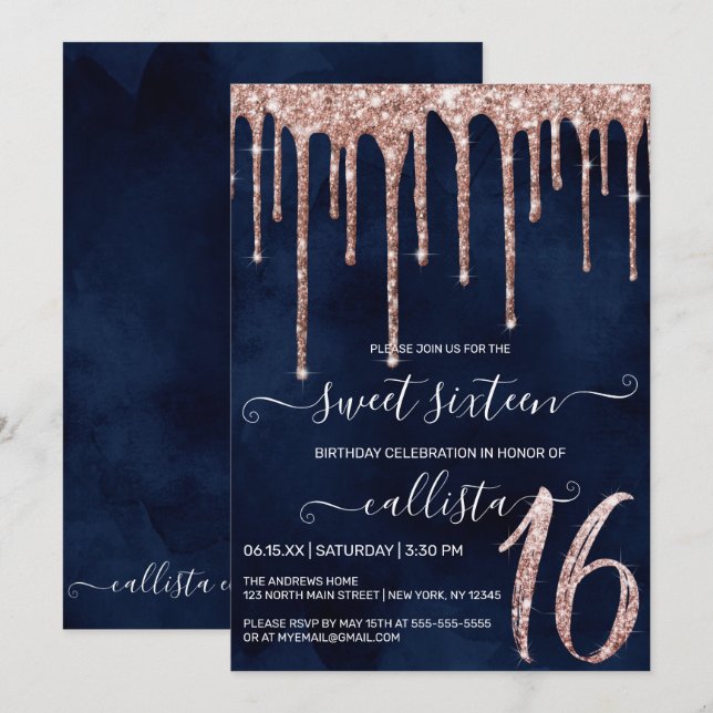 Navy Blue Rose Gold Glitzer Tropfen Sweet 16 Einladung (Vorne/Hinten)