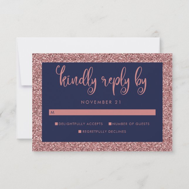 Navy Blue Rose Gold Glitzer Wedding Guest UAWG RSVP Karte (Rückseite)