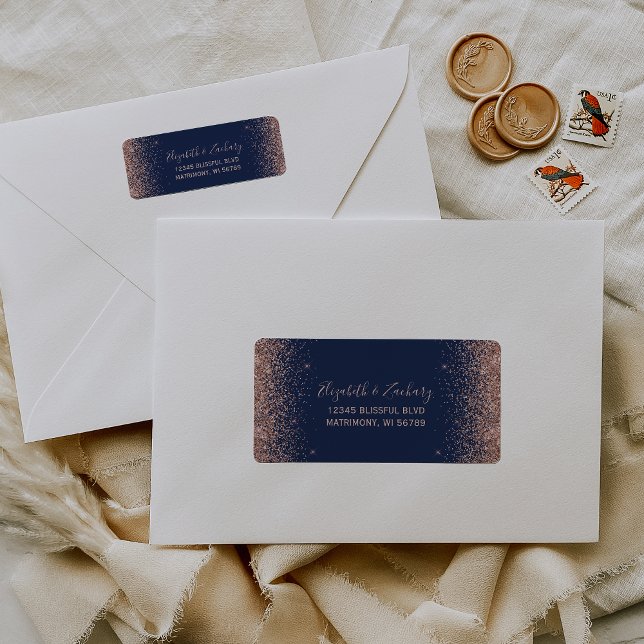 Navy Blue Rose Gold Glitzer Wedding Rücksendeadres (Von Creator hochgeladen)