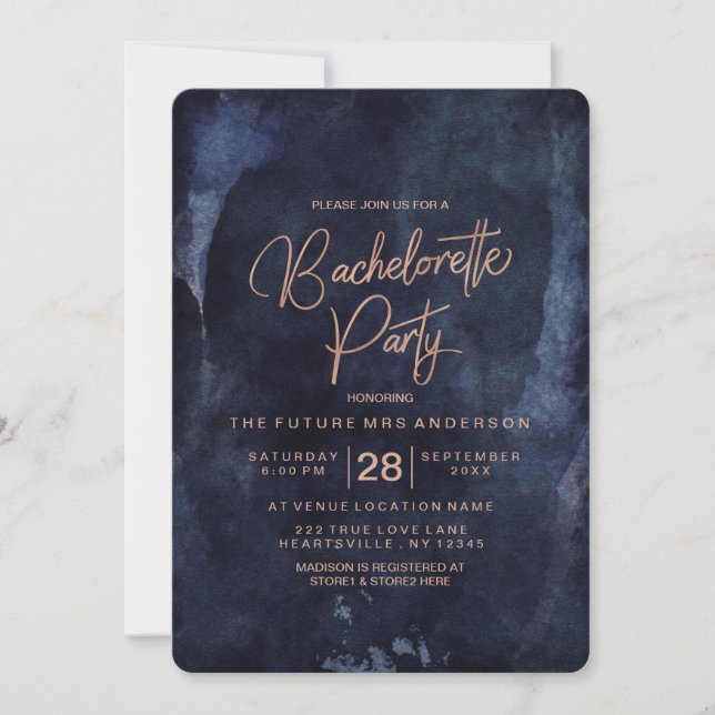 Navy Blue Rose Gold Junggeselinnen-Abschied Einlad Einladung (Vorderseite)