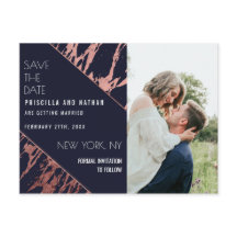 Navy Blue Rose Gold Marble Diagonal Save the Date