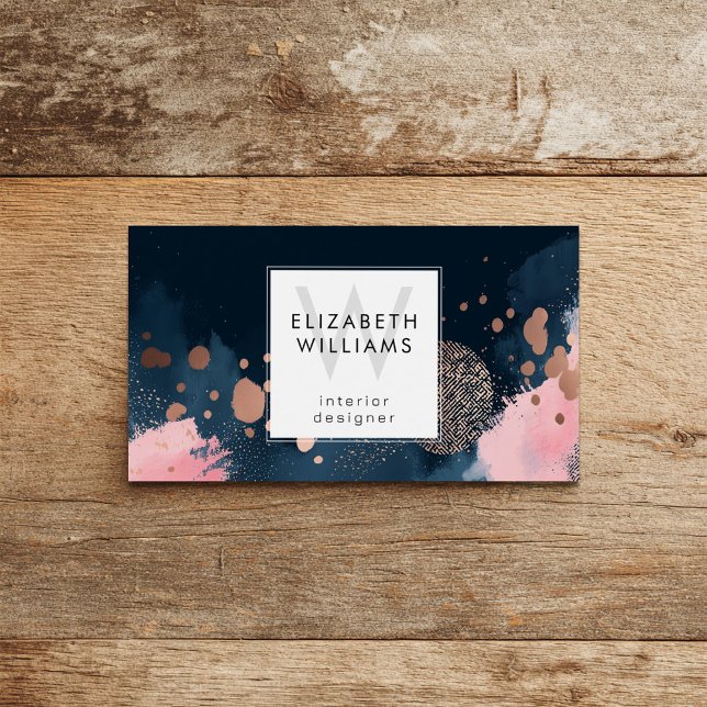 Navy Blue Rose Gold Monogram Business Card (Von Creator hochgeladen)