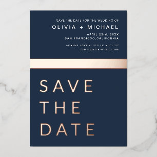 Navy Blue Rose Gold Save the Date Elegant Folieneinladung