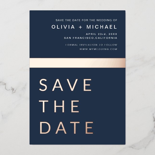 Navy Blue Rose Gold Save the Date Elegant Folieneinladung (Vorderseite)