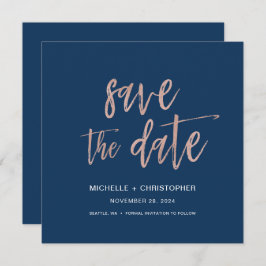 Navy Blue & Rose Gold Save the Date Square Card